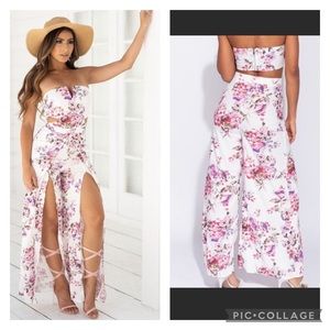 Floral Print Jumpsuit With Front Slit Leg